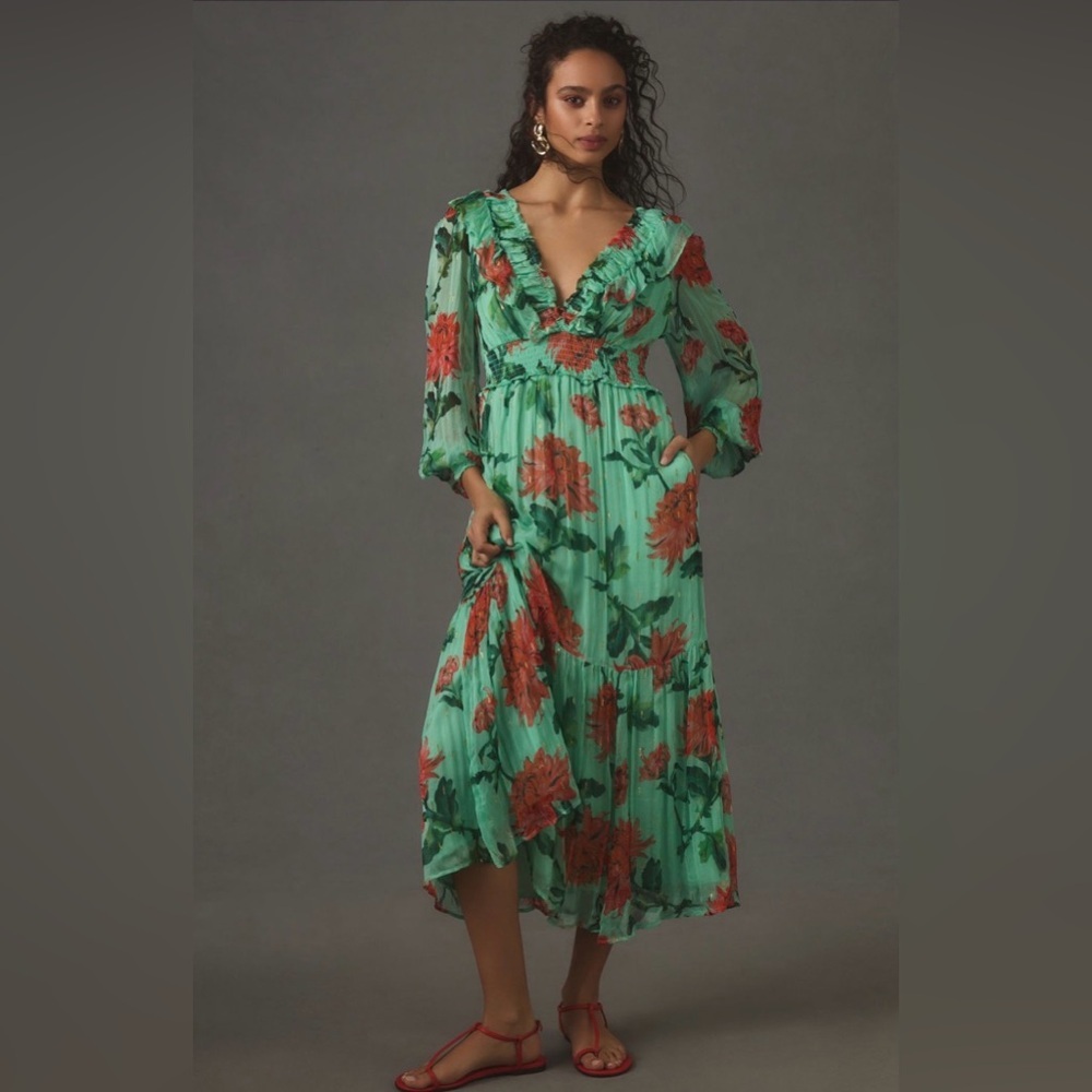 Anthropologie Odetta Ruffled V-Neck Maxi Dress S Green Floral Boho